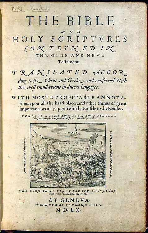 Title page of the 1560 Geneva Bible, printed at Geneva by Rouland Hall, with a woodcut of the Israelites at the Red Sea.