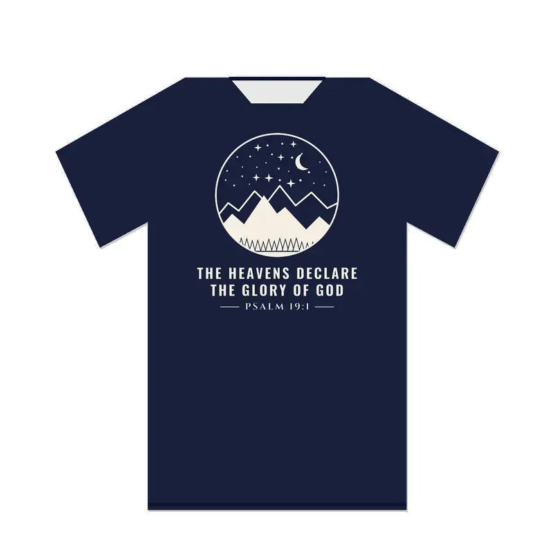 Navy T-shirt back printed with a round starry night sky over mountains and THE HEAVENS DECLARE THE GLORY OF GOD, PSALM 19:1.