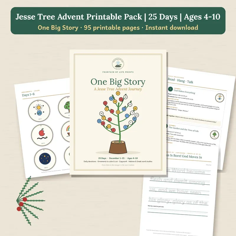 Pages from the One Big Story Jesse Tree Advent printable pack: a title page with a Jesse tree, round ornaments, and devotion pages.