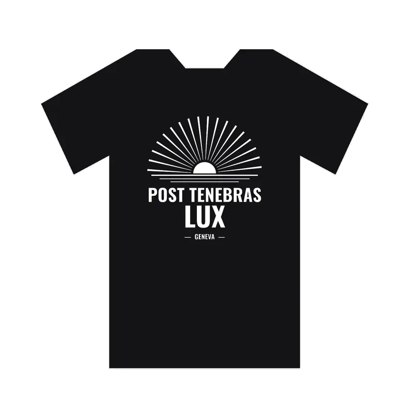 Black T-shirt printed with a rising sun over the words POST TENEBRAS LUX and GENEVA.
