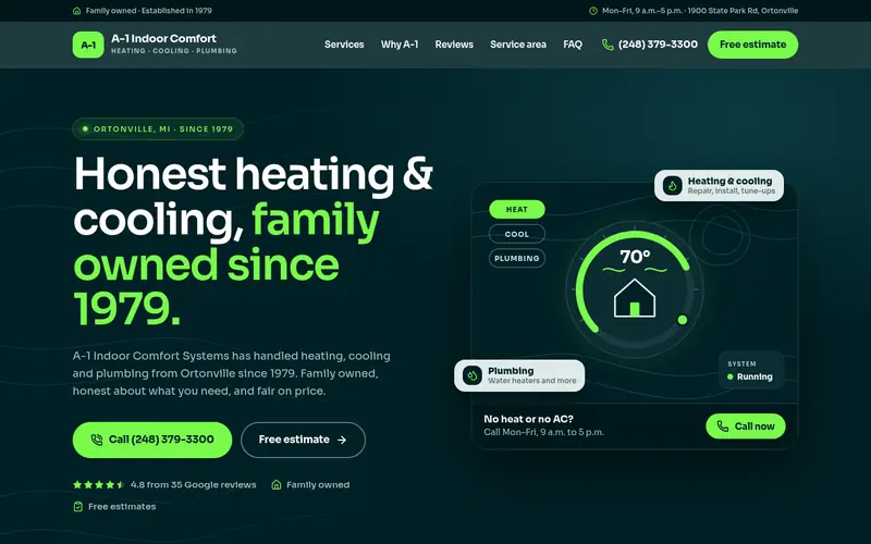 Home page of the A-1 Indoor Comfort Systems sample site
