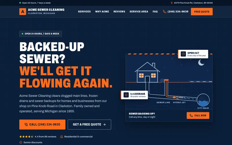 Home page of the Acme Sewer Cleaning sample site