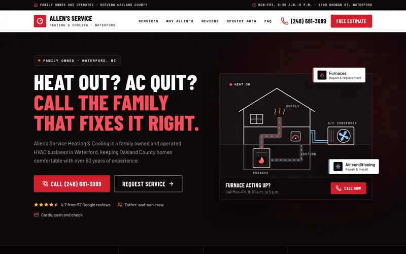 Home page of the Allen’s Service Heating & Cooling sample site